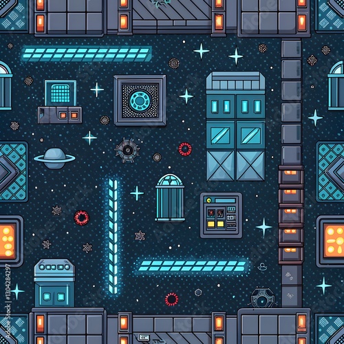 Futuristic Space Station Seamless Pattern Design Sci Fi Cityscape Top View Illustration