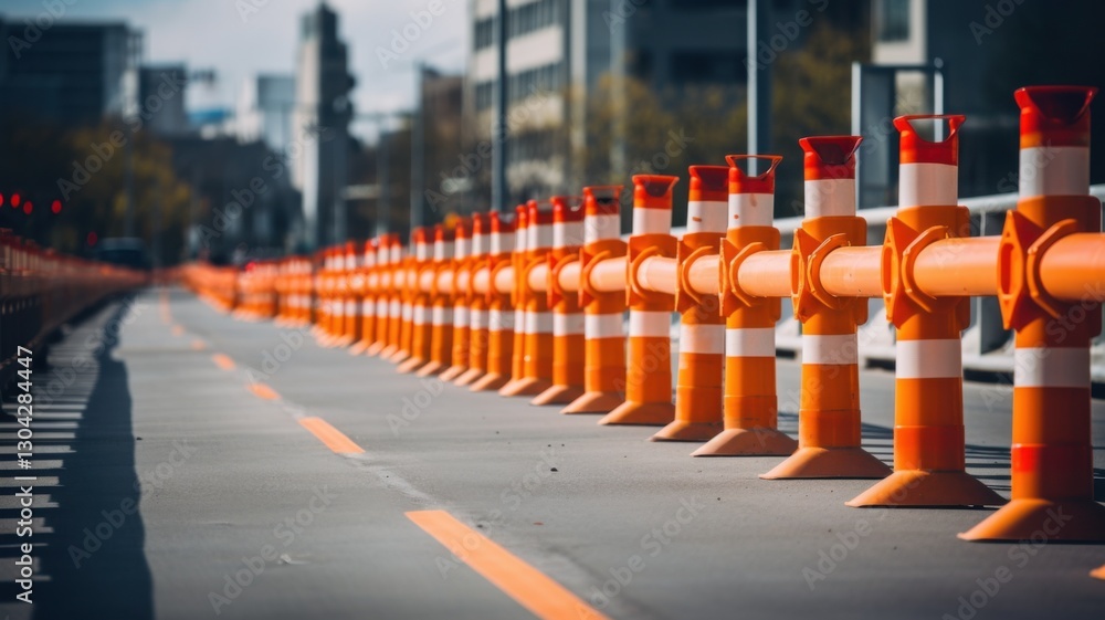 Obraz premium Construction barriers line sidewalk urban area photography daylight ground level view safety measures