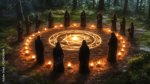 Nighttime Ritual Hooded Figures Encircle Glowing Symbol in Dark Forest