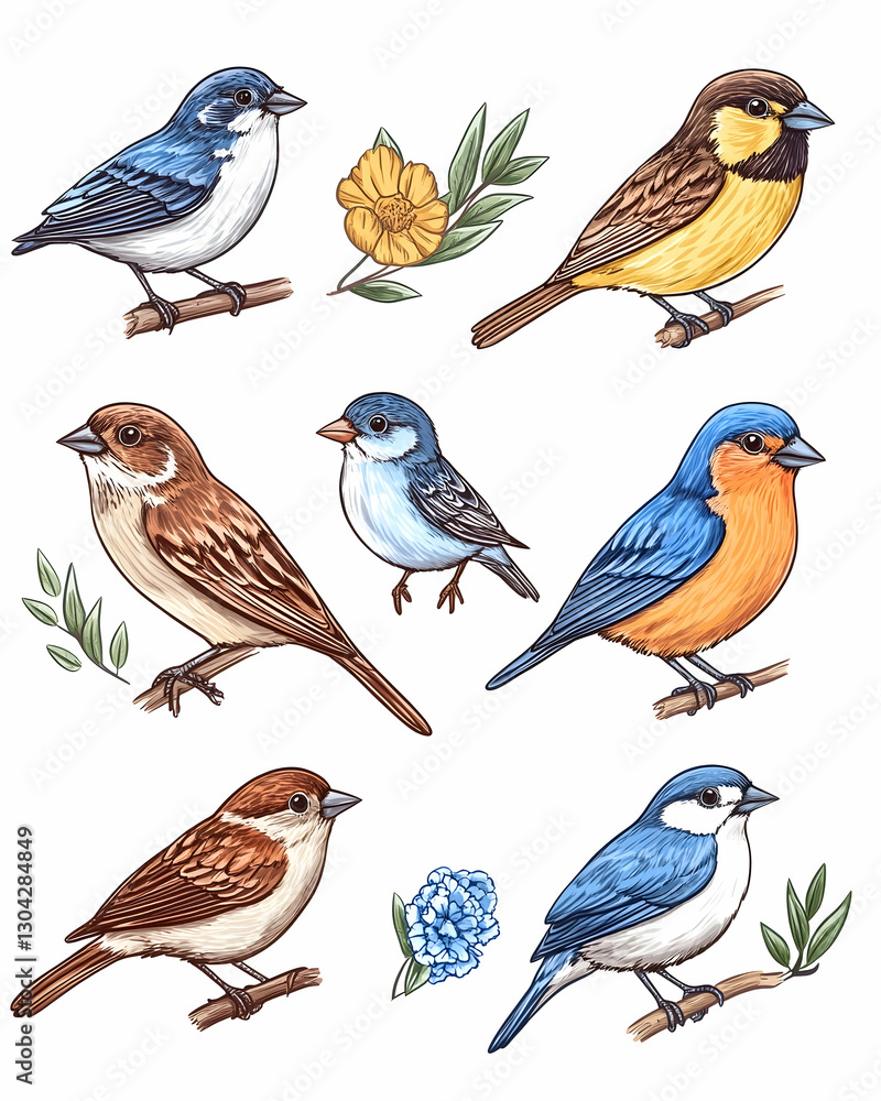 Fototapeta premium Colorful Bird Illustrations on White Background