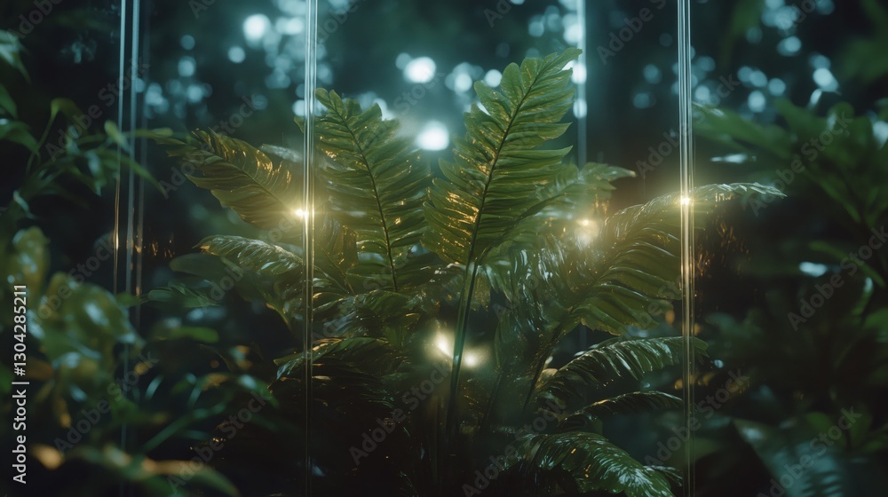 Obraz premium Lush green plants glowing softly in a misty forest setting with faint light illuminating their leaves
