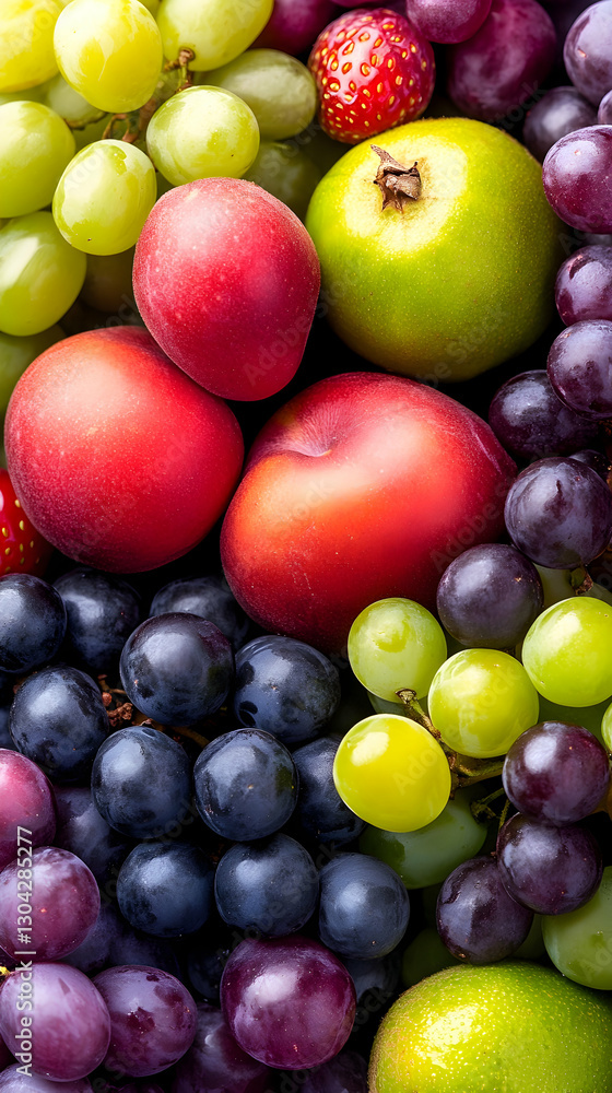Colorful fruit arrangement grapes, peaches, apples, strawberries Colorful fruit arrangement grapes, peaches, apples, strawberries