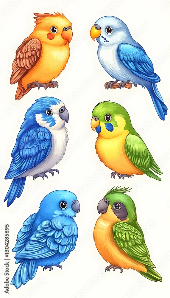 Colorful Parrots Posing Against White Background Colorful Parrots Posing Against White Background