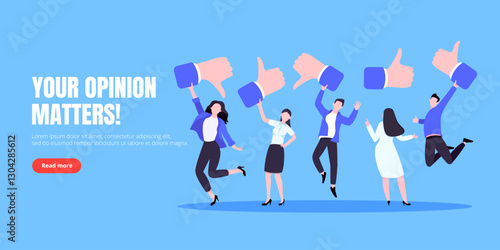 Customer feedback, employee or client satisfaction rating review with good or bad symbols - thumb up and down business concept vector illustration. Positive and negative feedback and evaluation