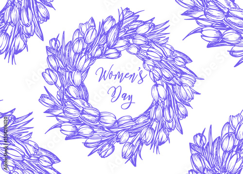 Women's Day celebration design with tulip flowers wreath frame sketch outline vector illustration. Happy International Women's Day greeting card. Hand drawn illustration on March 8 celebration