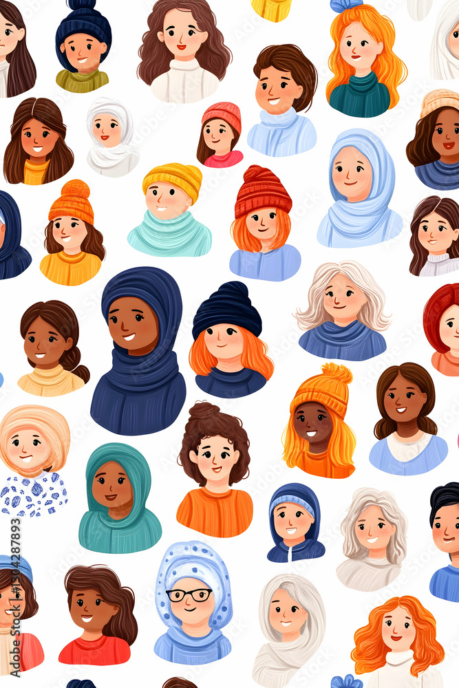 Diverse Women's Faces, Smiling Portraits, White Background, Illustration Diverse Women's Faces, Smiling Portraits, White Background, Illustration