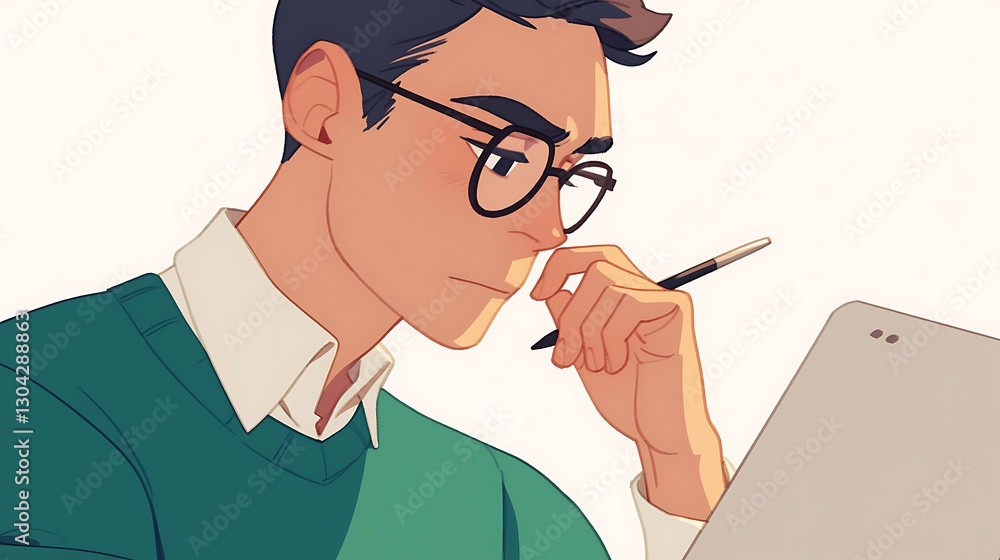 A scientist wearing a green sweater and glasses, holding a tablet, colorful anime style
A scientist wearing a green sweater and glasses, holding a tablet, colorful anime style