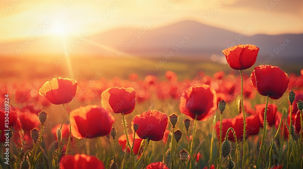 Fototapeta premium Red Poppies Field at Sunset