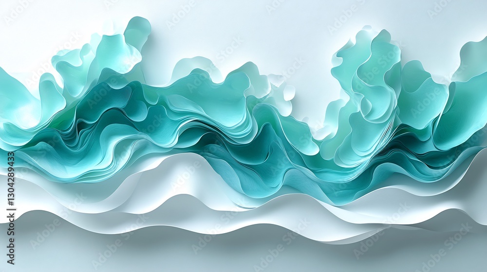 Fototapeta premium Serene teal paper waves gently flowing across white background. AI Generated