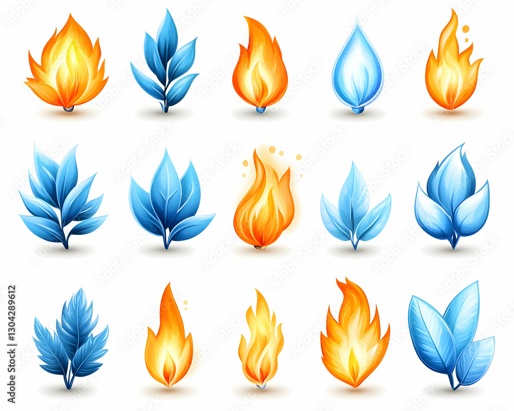 Fire and Ice Leaf Flames Icons on White Background Fire and Ice Leaf Flames Icons on White Background