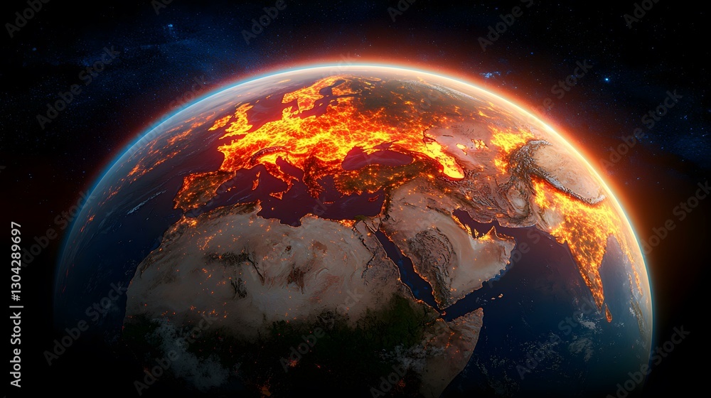 Obraz premium The image shows a digitally enhanced view of Earth from space, predominantly highlighting Europe and parts of Asia and Africa. The continents are depicted with city lights appearing as fiery orange