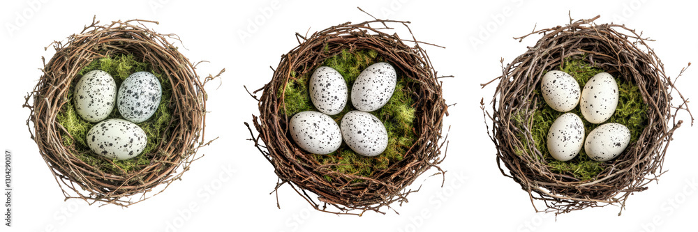 Obraz premium A Set of Bird Nests with Speckled Eggs Arranged Beautifully Isolated on Transparent Background