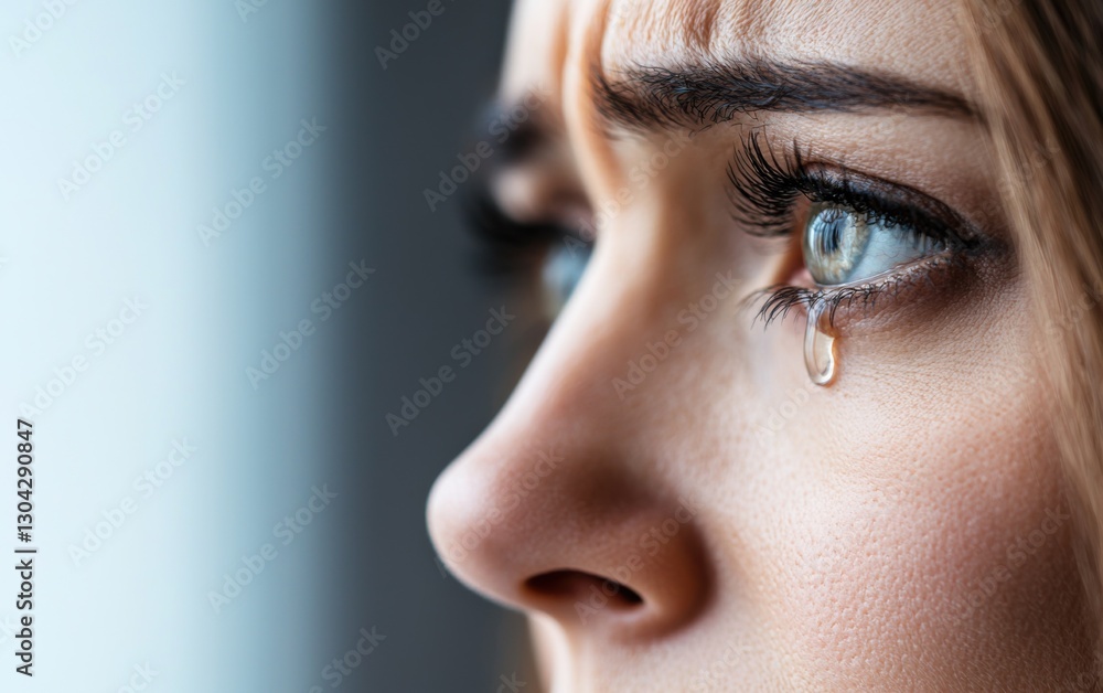 Fototapeta premium Emotional moment woman crying by window indoor setting close-up intimate perspective vulnerability