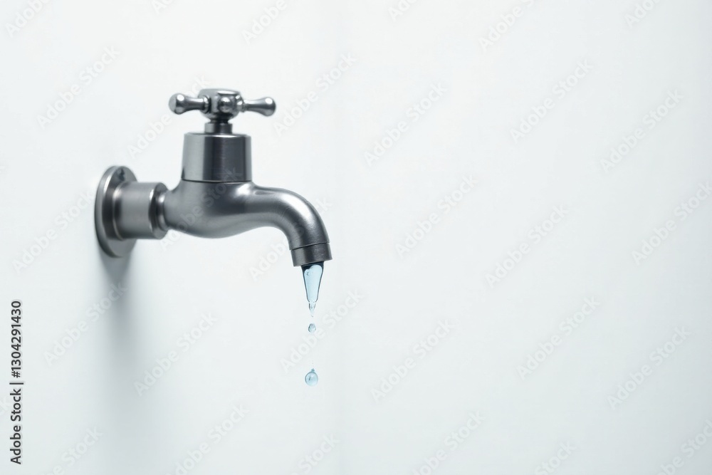 A single metallic faucet against a plain backdrop, a slow drip of water descends A single metallic faucet against a plain backdrop, a slow drip of water descends