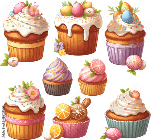 set of easter cupcakes with cream and easter eggs