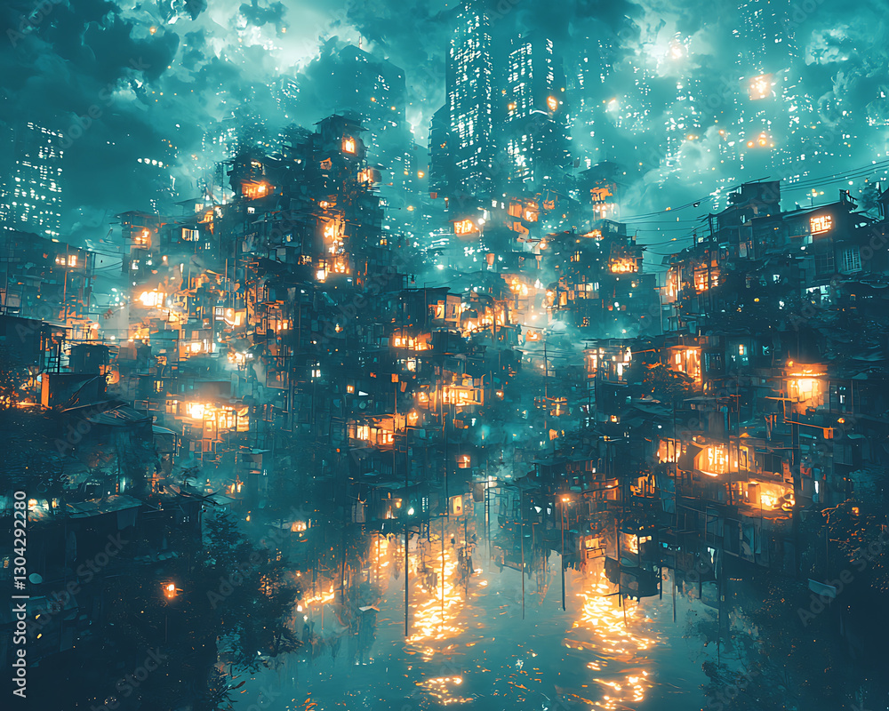Obraz premium Global economy economic growth inequality. glowing cityscape with illuminated buildings reflects in water