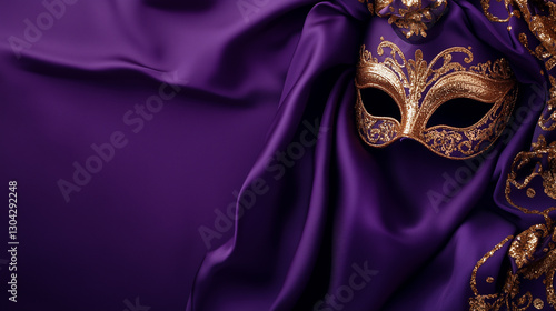 Elegant golden masquerade mask on luxurious royal purple fabric