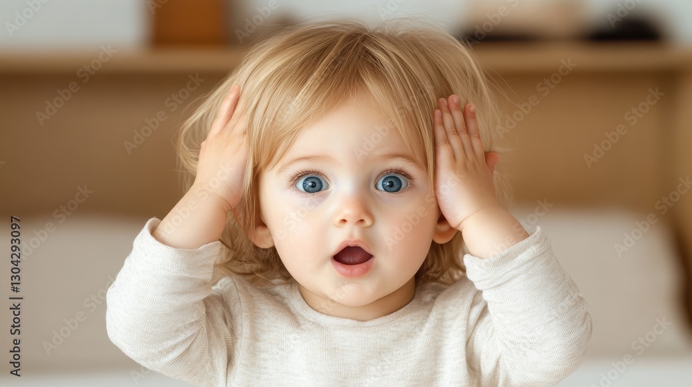 A cute and surprised child holds their hands on their head, expressing awe and wonder in a softly lit room, capturing the innocence and curiosity of childhood in this delightful composition. A cute and surprised child holds their hands on their head, expressing awe and wonder in a softly lit room, capturing the innocence and curiosity of childhood in this delightful composition.
