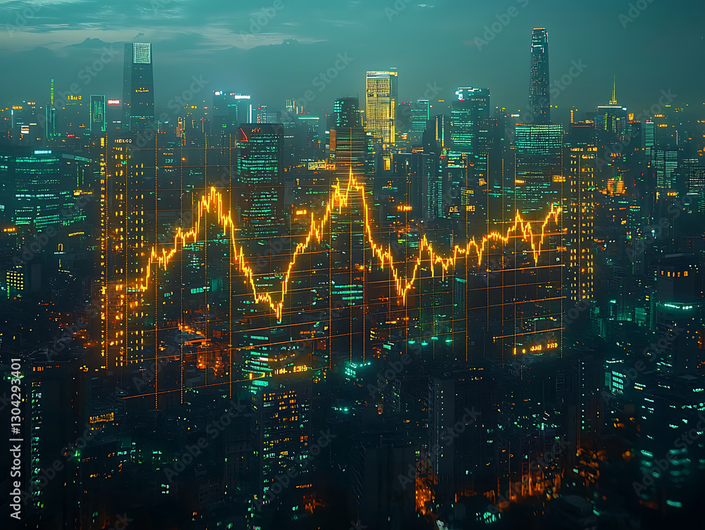 Fototapeta premium Global economy economic growth inequality. City skyline with glowing financial graph overlay