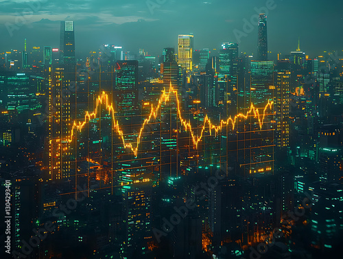 Wallpaper Mural Global economy economic growth inequality. City skyline with glowing financial graph overlay Torontodigital.ca