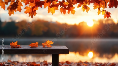 A peaceful lakeside scene at sunset showcasing vibrant autumn leaves, creating a warm ambiance surrounded by nature, ideal for relaxation and reflection.