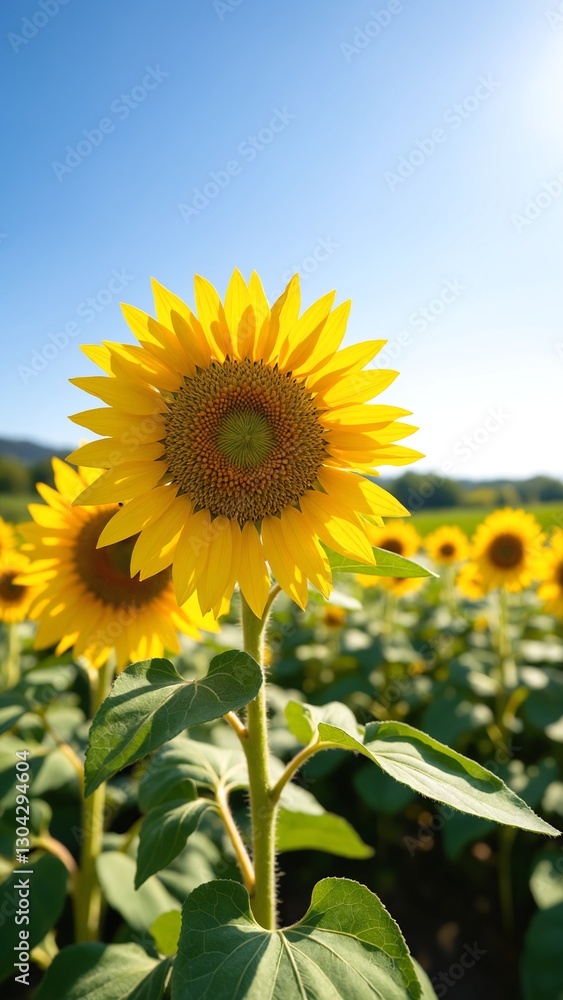 Yellow blooming sunflowers waved by wind grow in agricultural field. Cultivation of oil giving plants at picturesque farmland on summer day Yellow blooming sunflowers waved by wind grow in agricultural field. Cultivation of oil giving plants at picturesque farmland on summer day