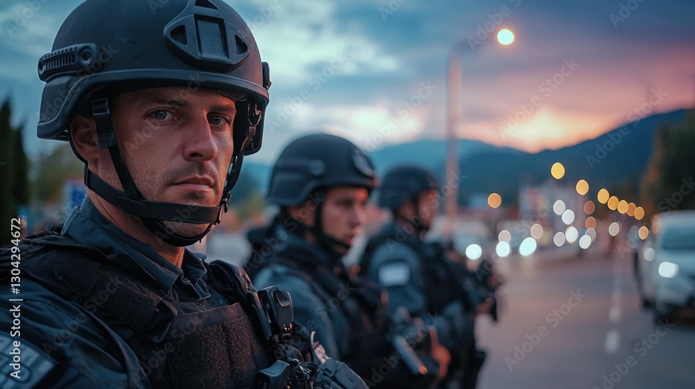 Three men in black helmets stand on a street Three men in black helmets stand on a street