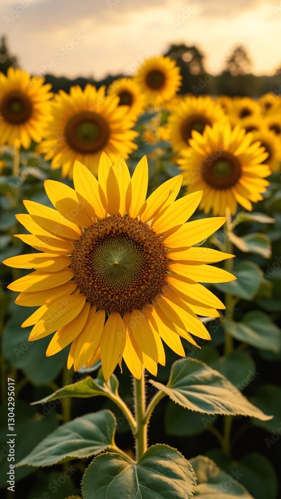 Fototapeta premium Yellow blooming sunflowers waved by wind grow in agricultural field. Cultivation of oil giving plants at picturesque farmland on summer day