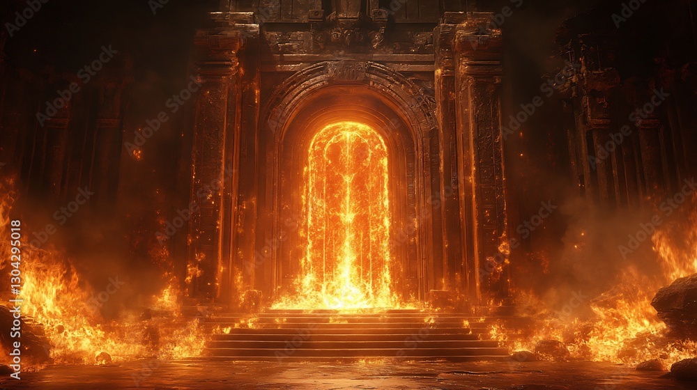 Obraz premium Fiery portal glows intensely within ancient ruins dramatically lit. AI Generated