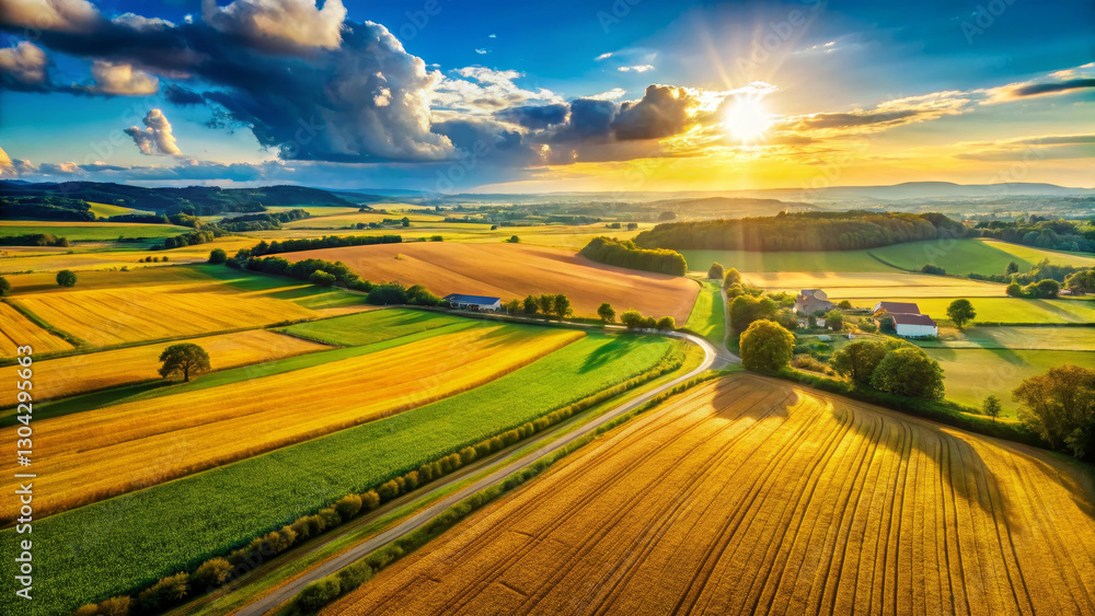 Fototapeta premium Breathtaking landscape with golden fields and vibrant sunset lighting