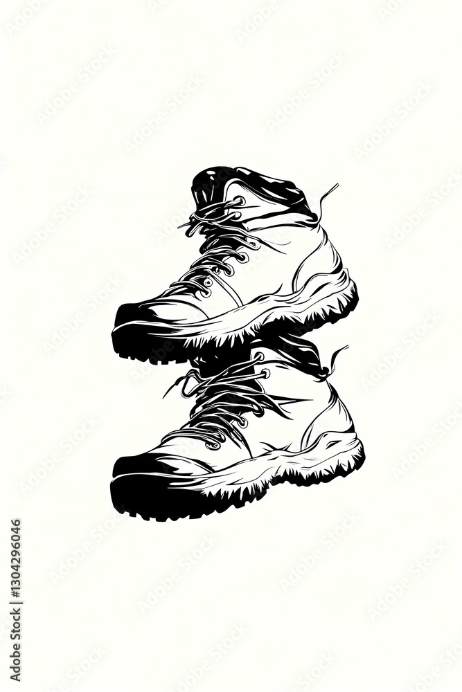 Fototapeta premium Hiking boots, monochrome illustration, outdoor adventure