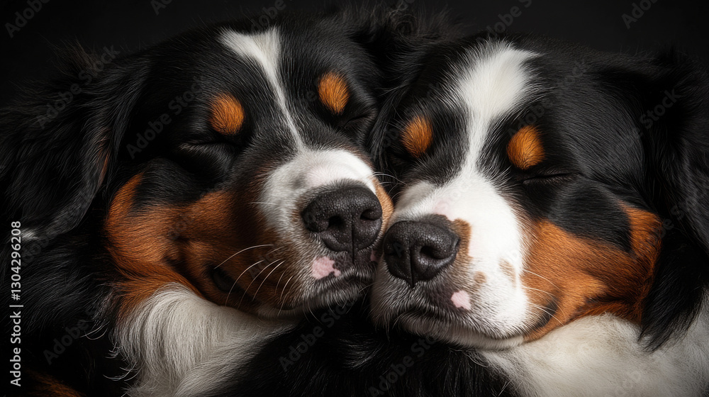 A close-up of two fluffy Bernese Mountain Dogs snuggling with their eyes closed, their thick tricolor fur illuminated by gentle soft lighting A close-up of two fluffy Bernese Mountain Dogs snuggling with their eyes closed, their thick tricolor fur illuminated by gentle soft lighting