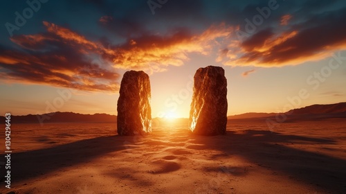 Two towering stones stand side by side, perfectly framing a breathtaking sunset that bathes the landscape in vivid hues of orange and gold, signifying strength and stability.