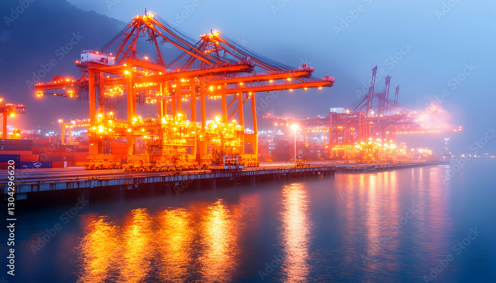 Illuminated harbor cranes loading cargo at night Illuminated harbor cranes loading cargo at night