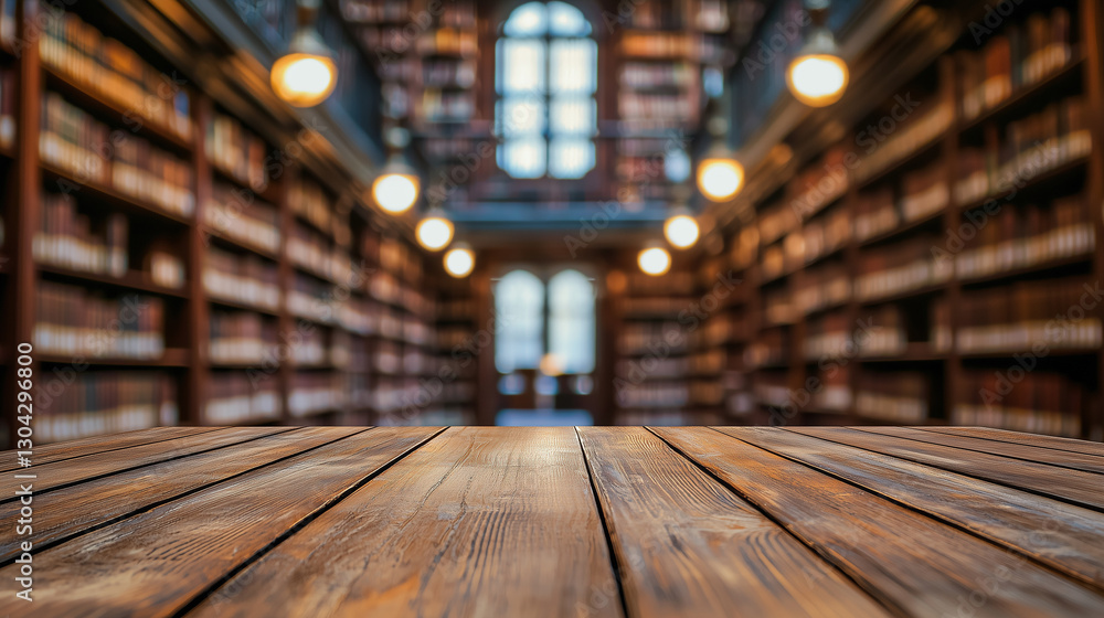 Wooden Tabletop in Blurred Library Setting Wooden Tabletop in Blurred Library Setting