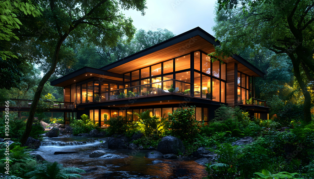 Illuminated Modern House by Tranquil Forest Stream Illuminated Modern House by Tranquil Forest Stream