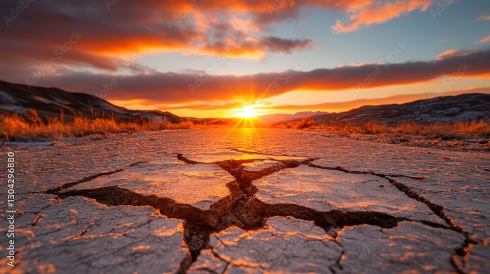 A stunning sunset casts an orange glow over a cracked desert road, evoking feelings of adventure and resilience against the backdrop of distant mountains and colorful sky. A stunning sunset casts an orange glow over a cracked desert road, evoking feelings of adventure and resilience against the backdrop of distant mountains and colorful sky.