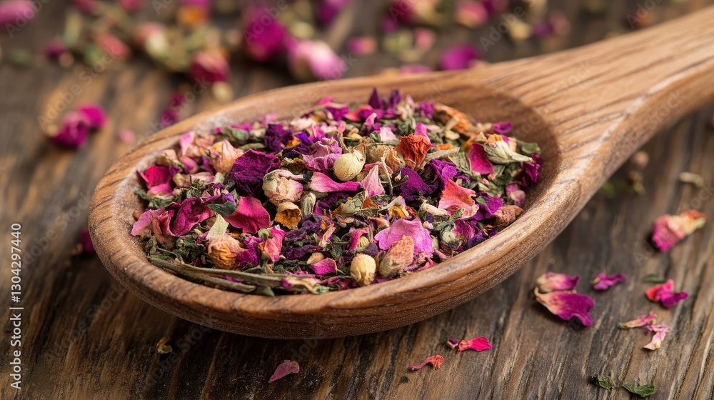 A rustic wooden spoon, its worn surface bearing testament to its age and service, cradles a fragrant mix of dried flowers and delicate tea leaves, promising a soothing and aromatic ritual. A rustic wooden spoon, its worn surface bearing testament to its age and service, cradles a fragrant mix of dried flowers and delicate tea leaves, promising a soothing and aromatic ritual.