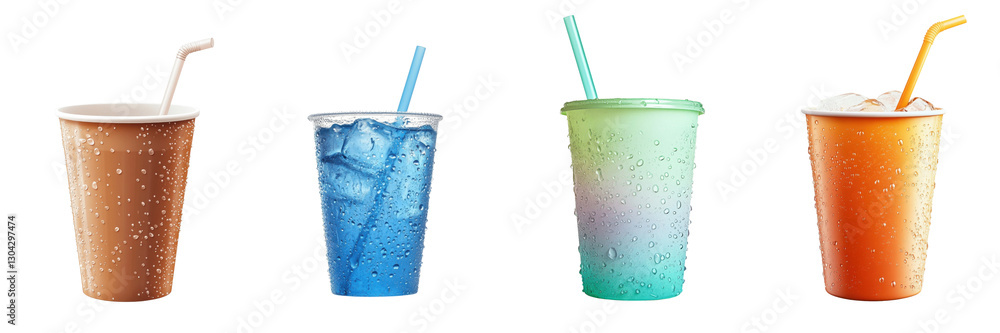 A Set of Chilled Beverage Cups with Straws and Water Droplets Isolated on Transparent Background A Set of Chilled Beverage Cups with Straws and Water Droplets Isolated on Transparent Background