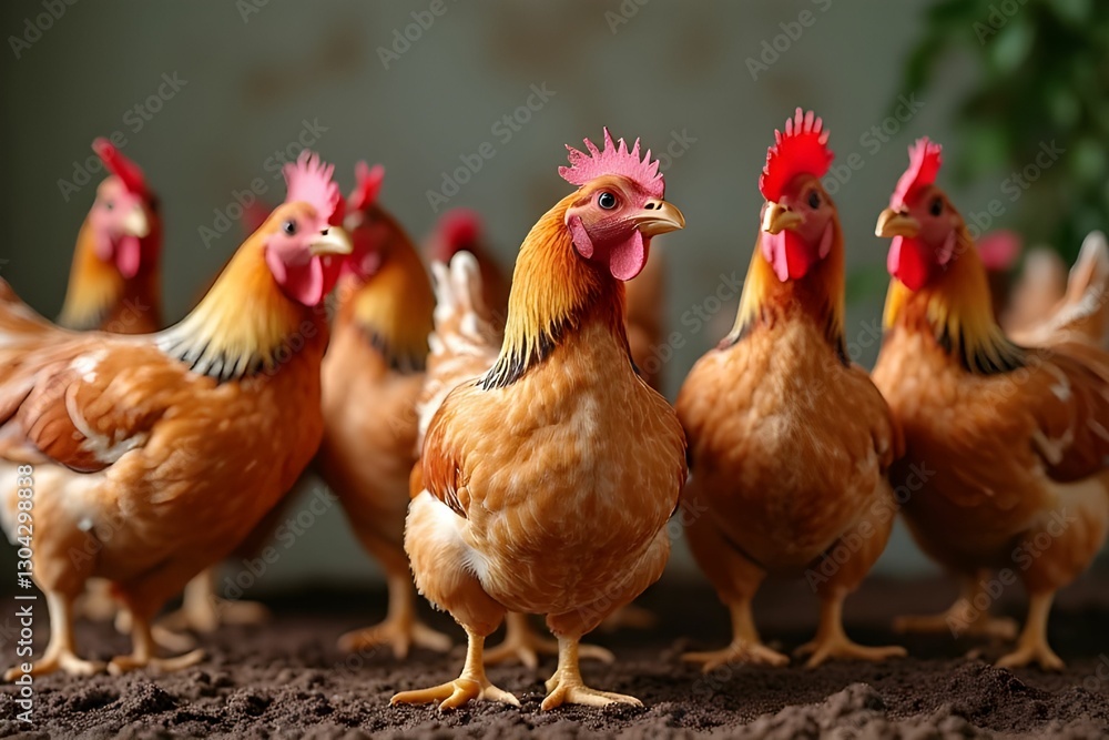 Fototapeta premium Free range chicken. Chickens can live in a more natural environment for protect biodiversity and reduce greenhouse gas emissions. Organic healthy meat concept