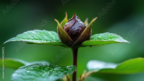 A close-up of a flower bud gracefully rising from lush green leaves, symbolizing nature's beauty and the promise of blooming life yet to come in a garden.