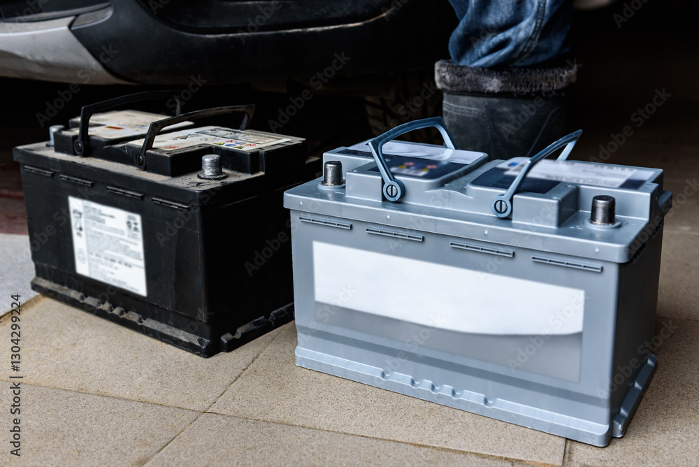 Old and new car batteries are on the garage floor.