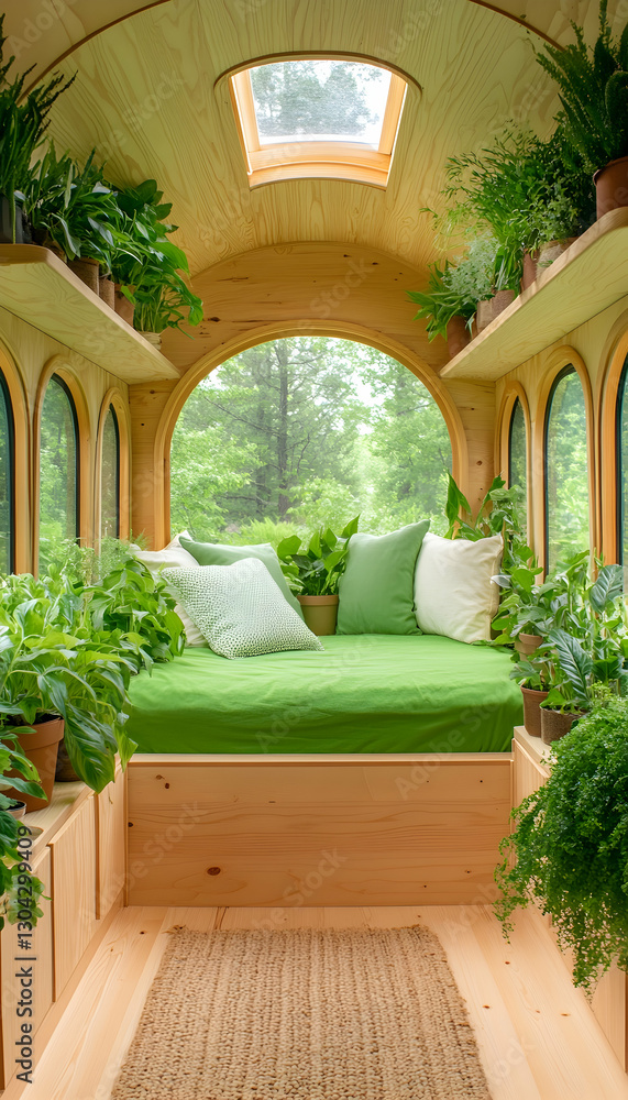 Naklejka premium Lush Green Tiny Home Interior with Seating and Skylight