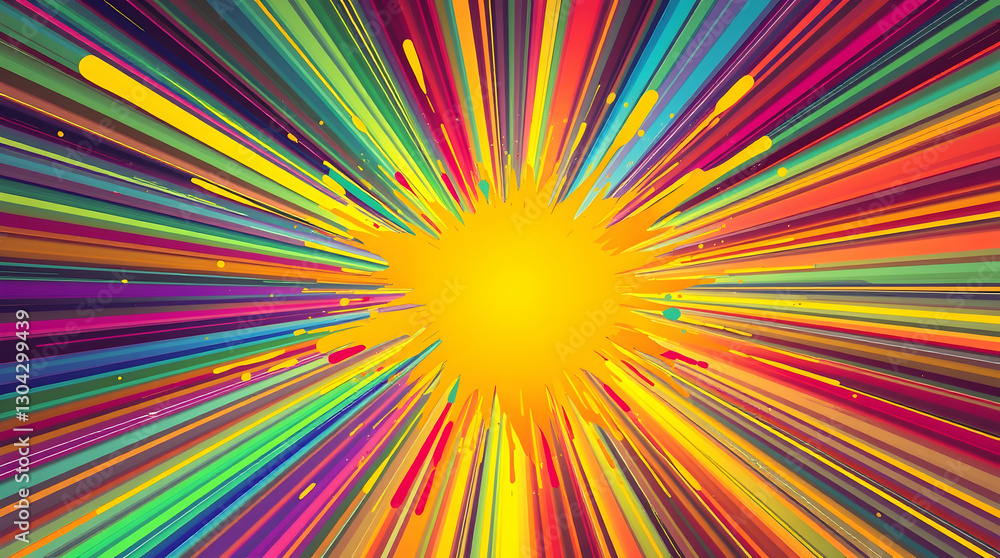 A bright yellow center bursts with colorful lines, creating a vibrant and energetic radial explosion effect. A bright yellow center bursts with colorful lines, creating a vibrant and energetic radial explosion effect.