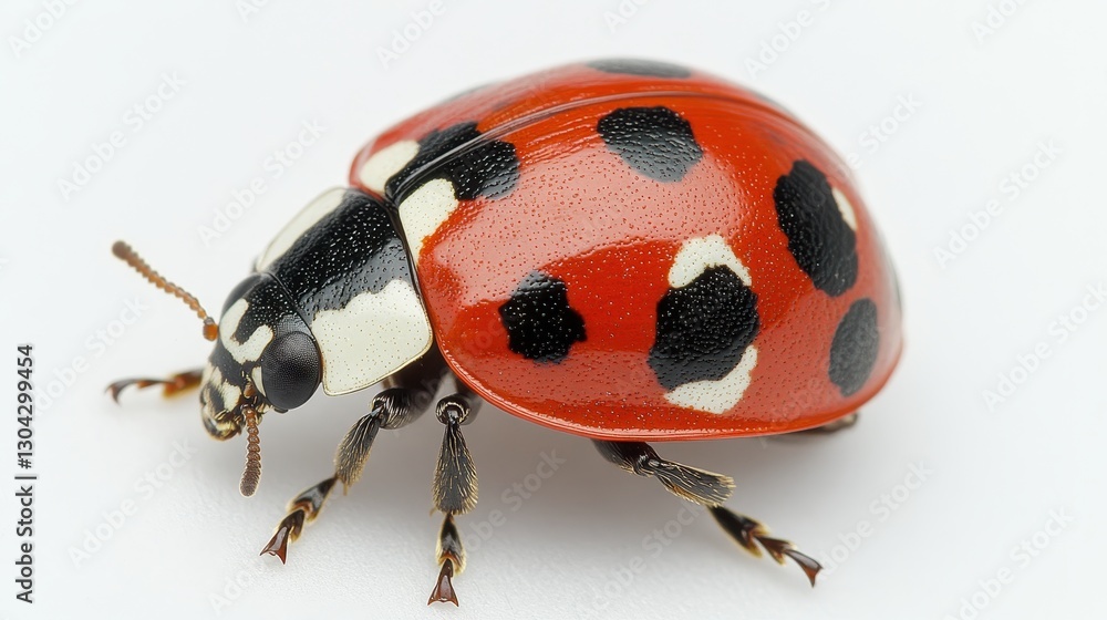 Fototapeta premium A tiny red ladybug, its black spots scattered like diamonds, perched majestically against a pristine white backdrop, a symbol of innocence and beauty.