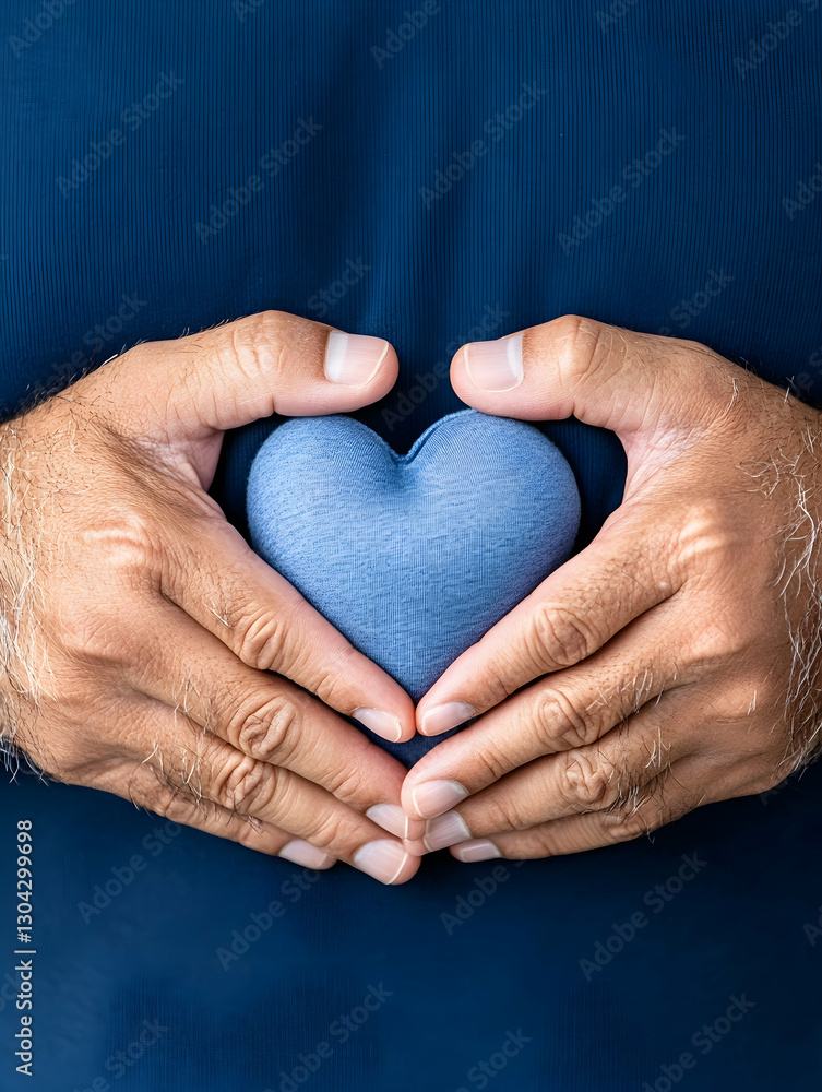 Fototapeta premium Man holding blue heart, chest, close-up