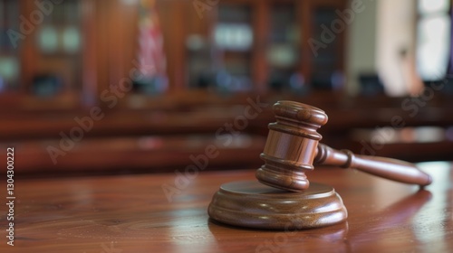 Close-up of a gavel resting on a wooden desk, symbolizing legal victory, justice, and courtroom decisions. Concept of law, authority, and judicial system in action.