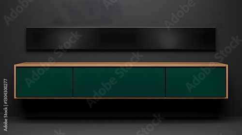 Sleek Modern Cabinet with Green Facade and Wooden Top Against a Dark Background