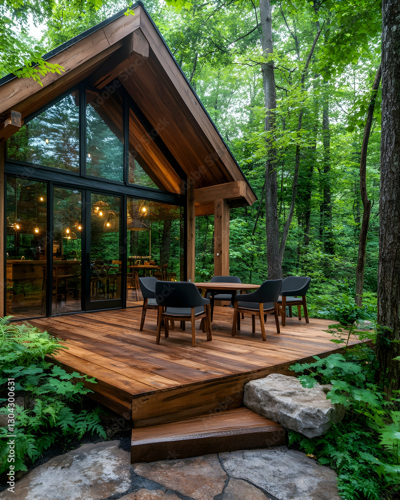 Modern cabin deck, forest setting, evening light Modern cabin deck, forest setting, evening light