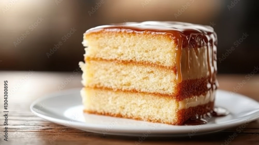 A beautifully sliced three-layer vanilla cake drizzled with a rich caramel sauce, creating an inviting and delicious dessert for any festive occasion. A beautifully sliced three-layer vanilla cake drizzled with a rich caramel sauce, creating an inviting and delicious dessert for any festive occasion.